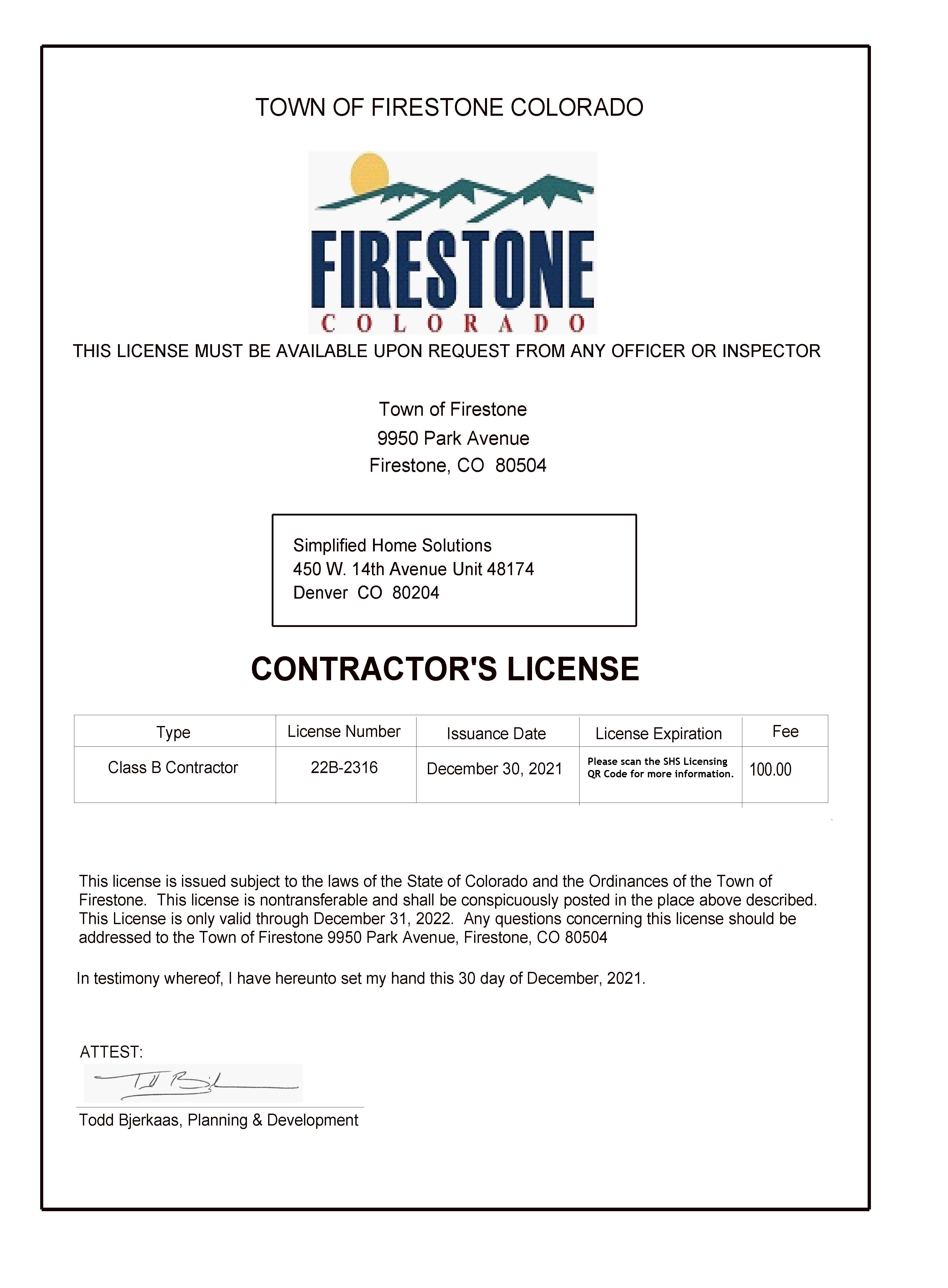 City of Firestone - Contractor License