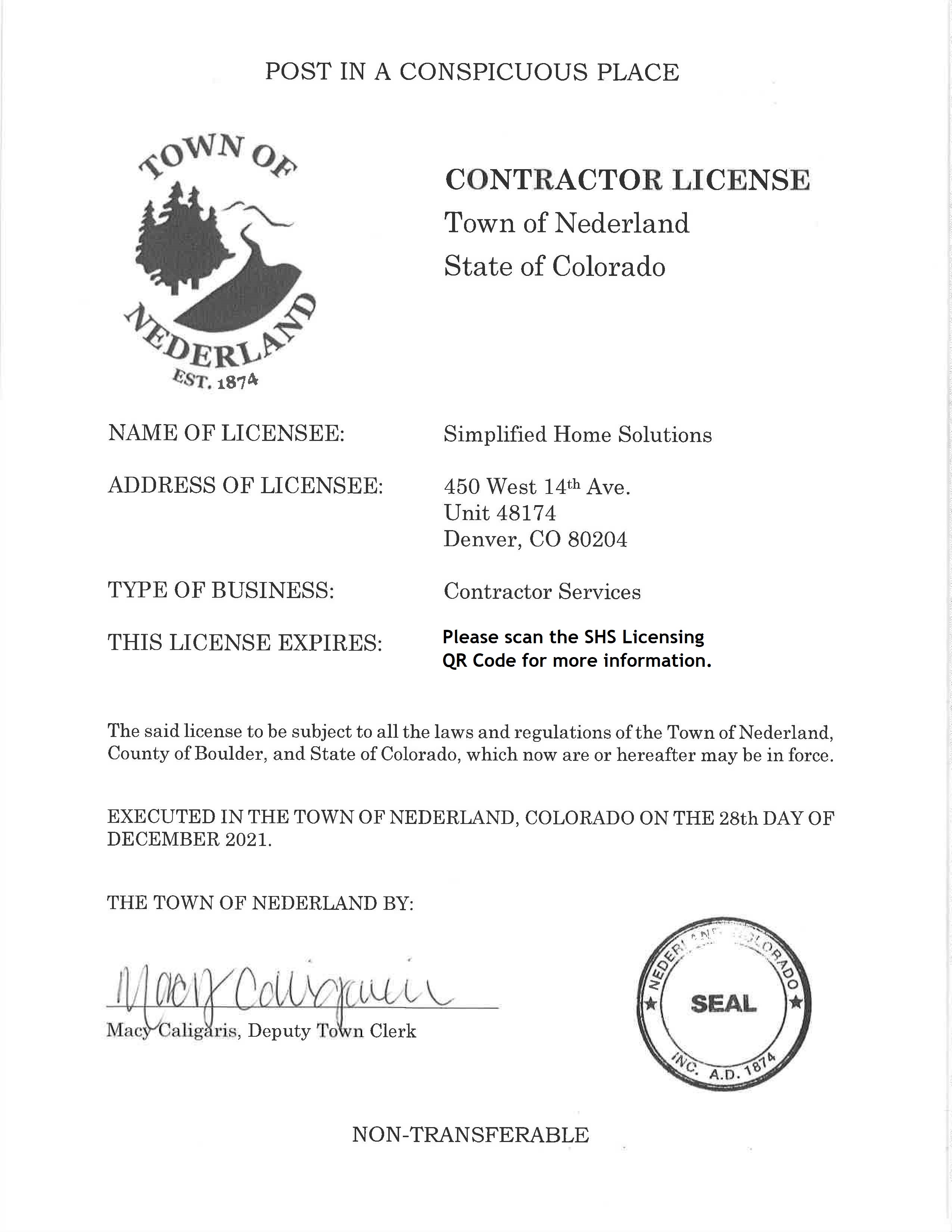 Town of Nederland - Contractor License