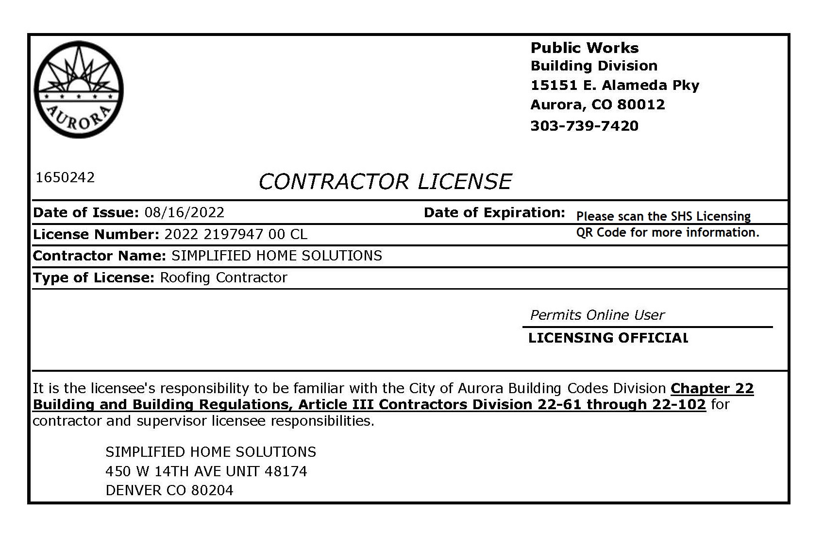 City of Aurora - Contractor License